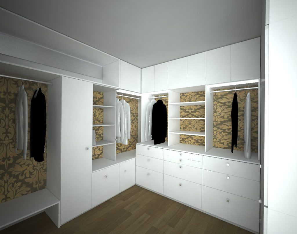 satny-na-miru-001 Šatna na míru se zásuvkami a šatními tyčemi