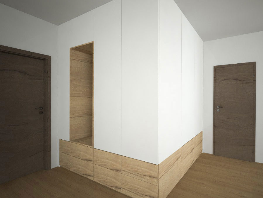 Vestavěná skříň s pantovými dveřmi rohová se zásuvkami v dřevodekoru