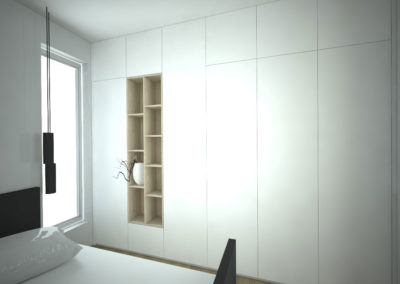 Vestavěné skříň s bílými pantovými dveřmi a otevřenou dřevěnou policovou částí