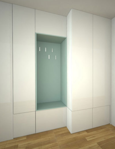 Skříň na míru s pantovými dveřmi ve dvou hloubkách s otevřenou částí s věšáky