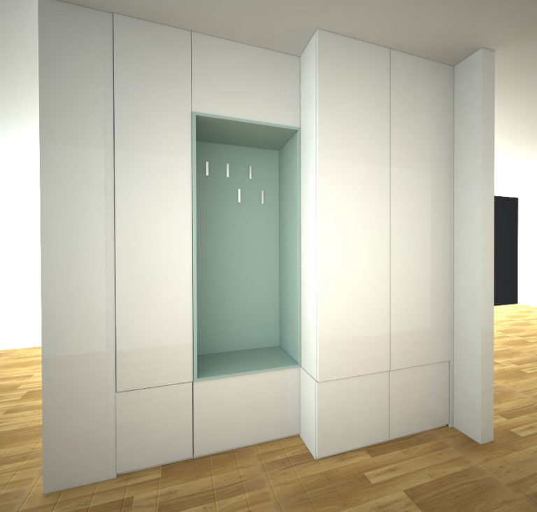 Skříň na míru s pantovými dveřmi ve dvou hloubkách s otevřenou částí s věšáky