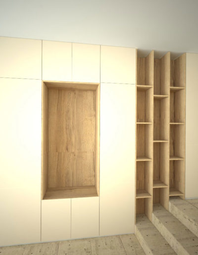 Vestavěná skříň s pantovými dveřmi do chodby na schodiště