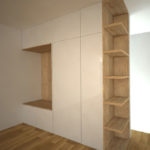 Pantová skříň na míru do chodby s prostorem na věšáky a otevřenými policemi v rohu