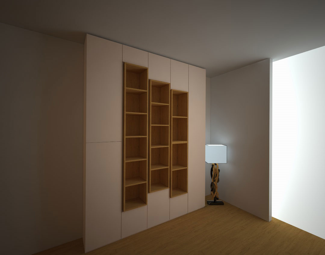 Skříň na míru s pantovými dveřmi s otevřenou vystupující policovou částí