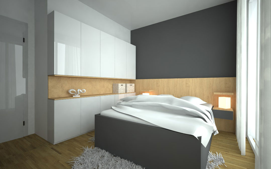 Pantová skříň do ložnice s otevřenou středovou částí a postelí s nočními stolky