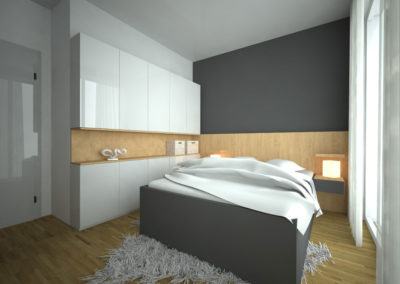 Pantová skříň do ložnice s otevřenou středovou částí a postelí s nočními stolky