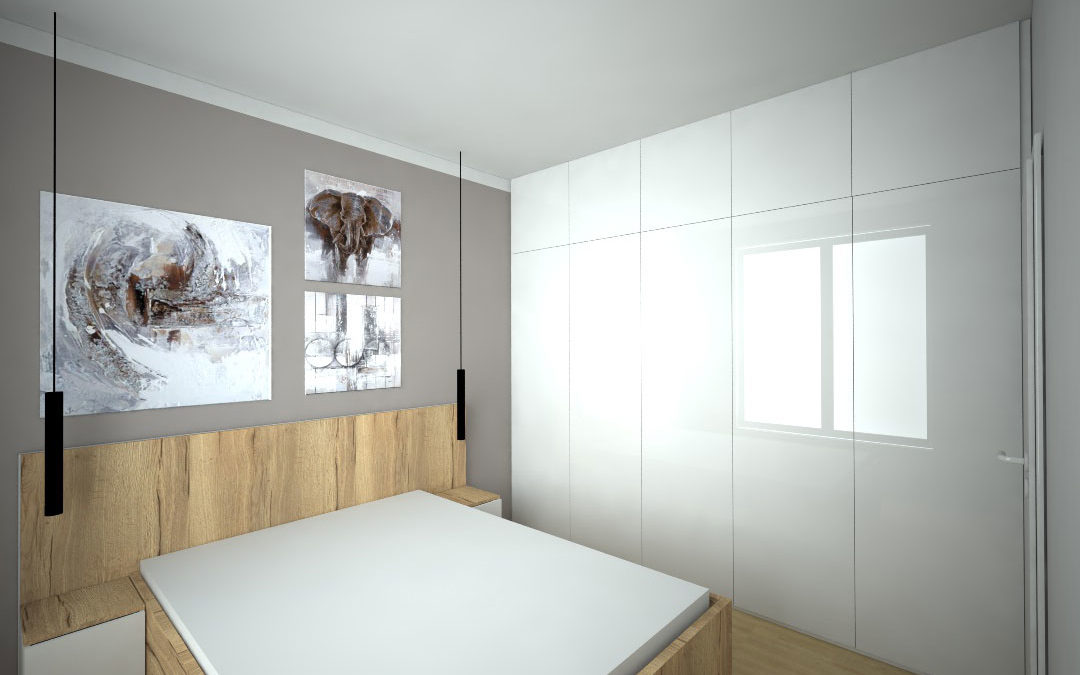 Vestavěná skříň s pantovými dveřmi ve vysokém lesku s postelí do ložnice