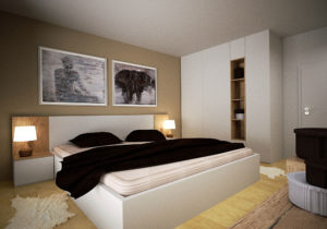 Vestavěná skříň do ložnice s otevřenou policovou částí a bílou postelí s nočními stolky