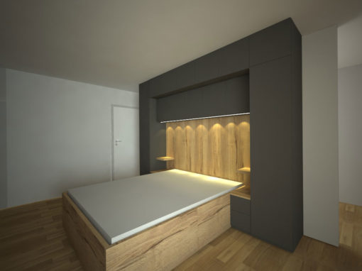 Pantová skříň na míru do ložnice obestavěná kolem manželské postel
