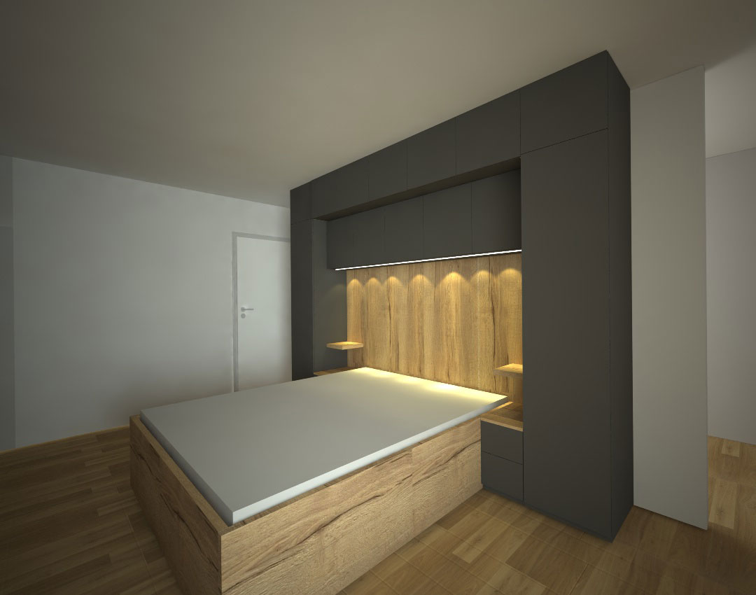 Pantová skříň na míru do ložnice obestavěná kolem manželské postel