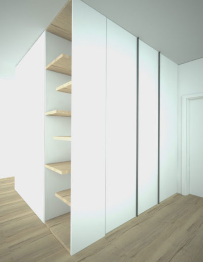 Skříň na míru s pantovými dveřmi ukončena otevřenou částí s policemi