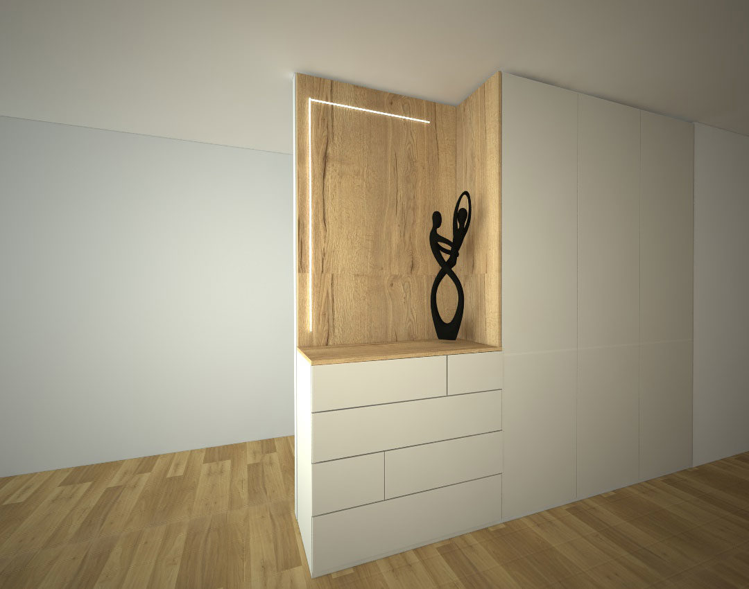 Vestavěná skříň na míru s otevřenou osvětlenou částí