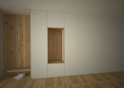 Skříň na chodbu s pantovými dveřmi a věšákovou stěnou se sedátkem