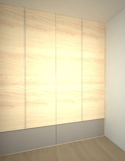 Vestavěná skříň s pantovými dveřmi s narážecími úchytkami a velkými zásuvkami